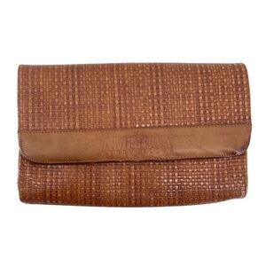 Perry Ellis America Cognac Brown Woven Rattan Faux Leather Foldover Clutch